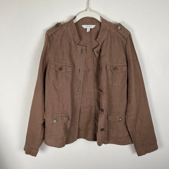 y2k Relativity Brown 100% Linen Utility Jacket Womens M Button Up Lightweight - Picture 2 of 12